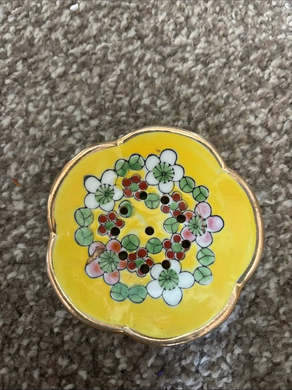 Vintage Yellow Floral Tea Bag Dish with Gold Trim